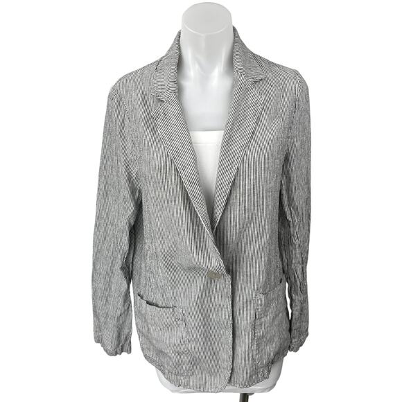 Max Studio Jackets & Blazers - Max Studio Women's Black White Linen Striped Button Pockets Blazer Coat Jacket M